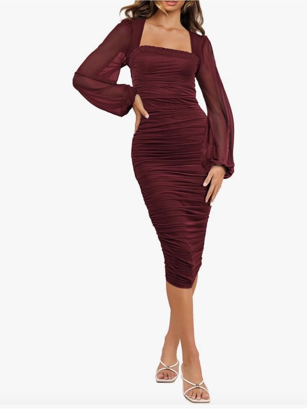 NWOT Ruched Square-Neck Midi Dress with Sheer Bishop Sleeves - Burgundy, Medium